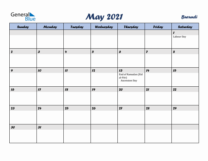 May 2021 Calendar with Holidays in Burundi