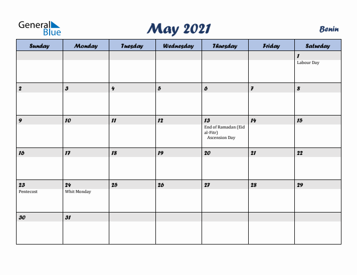 May 2021 Calendar with Holidays in Benin