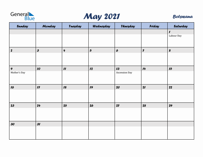 May 2021 Calendar with Holidays in Botswana