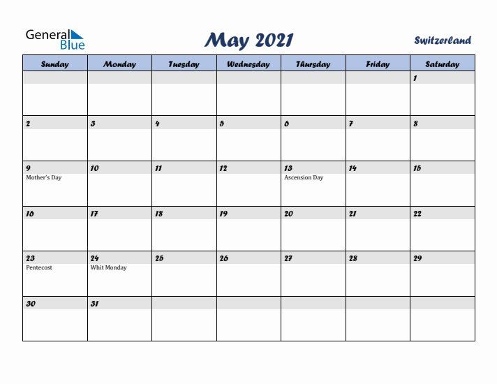 May 2021 Calendar with Holidays in Switzerland