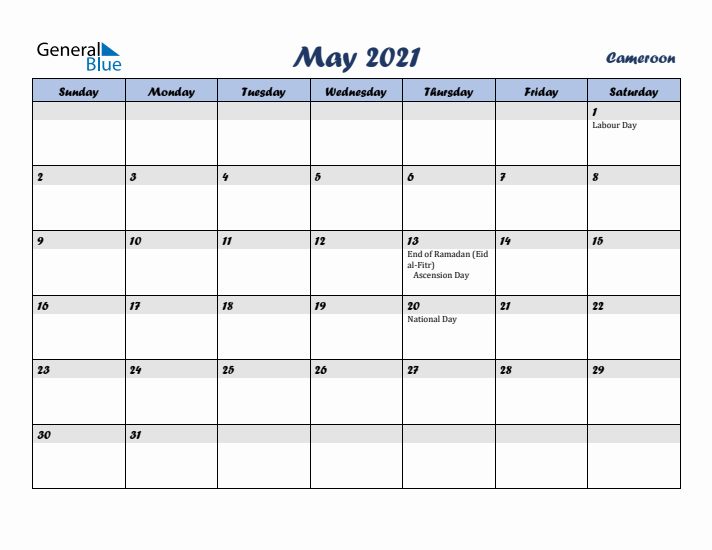 May 2021 Calendar with Holidays in Cameroon