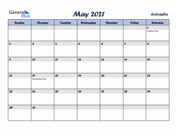 May 2021 Calendar with Holidays in Colombia