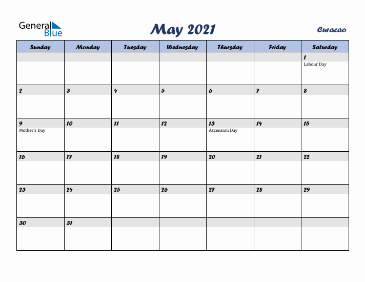 May 2021 Calendar with Holidays in Curacao