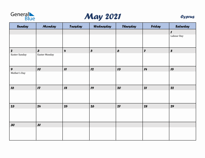 May 2021 Calendar with Holidays in Cyprus