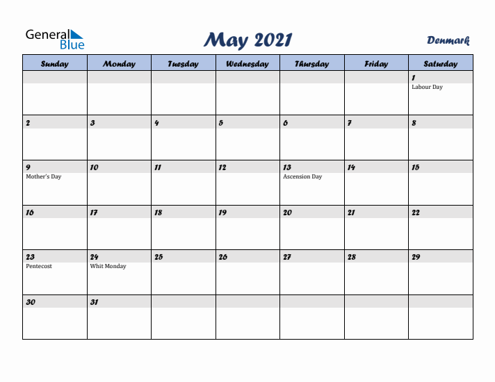 May 2021 Calendar with Holidays in Denmark