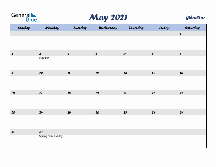 May 2021 Calendar with Holidays in Gibraltar