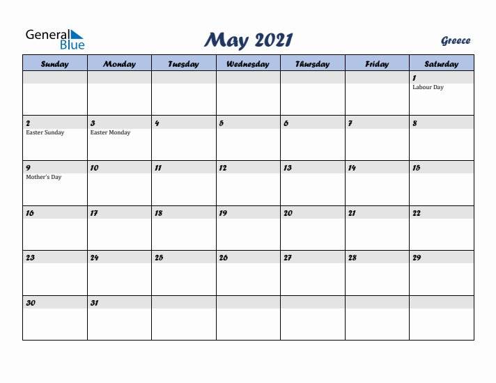 May 2021 Calendar with Holidays in Greece