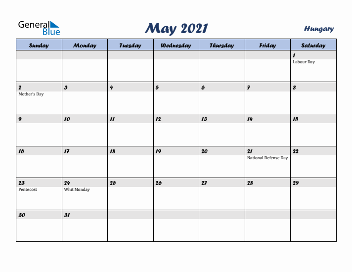 May 2021 Calendar with Holidays in Hungary