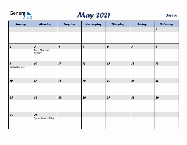 May 2021 Calendar with Holidays in Jersey