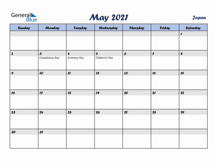 May 2021 Calendar with Holidays in Japan