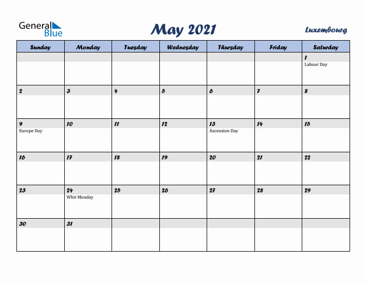 May 2021 Calendar with Holidays in Luxembourg