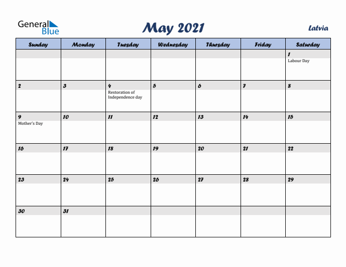 May 2021 Calendar with Holidays in Latvia