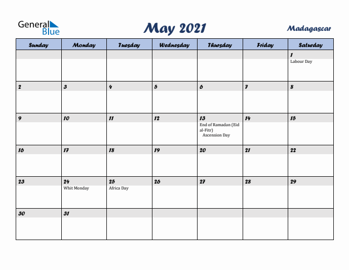 May 2021 Calendar with Holidays in Madagascar