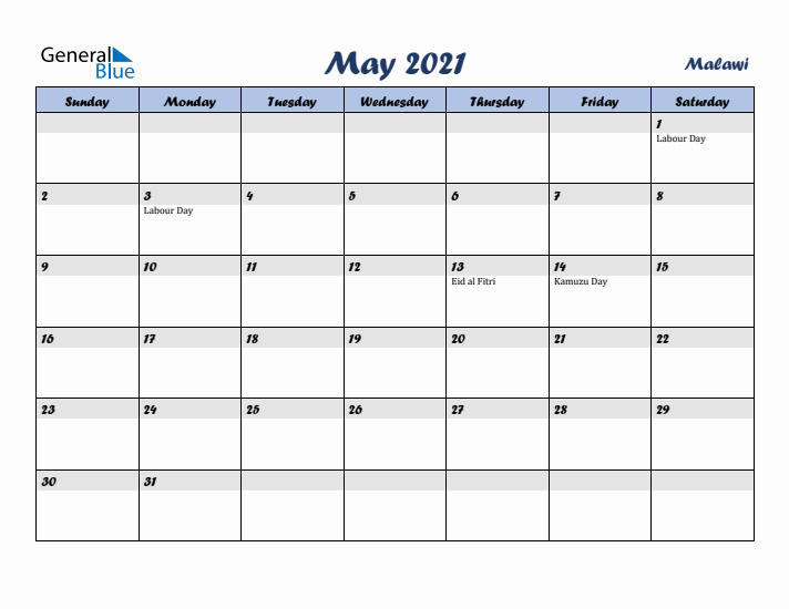 May 2021 Calendar with Holidays in Malawi