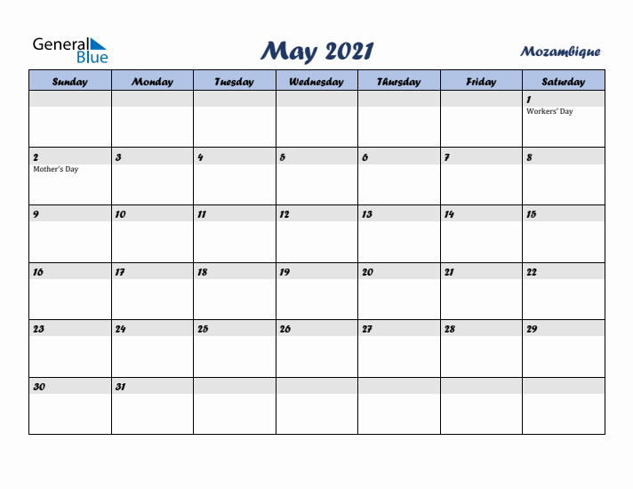 May 2021 Calendar with Holidays in Mozambique