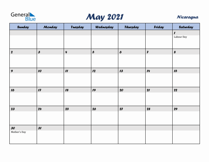 May 2021 Calendar with Holidays in Nicaragua