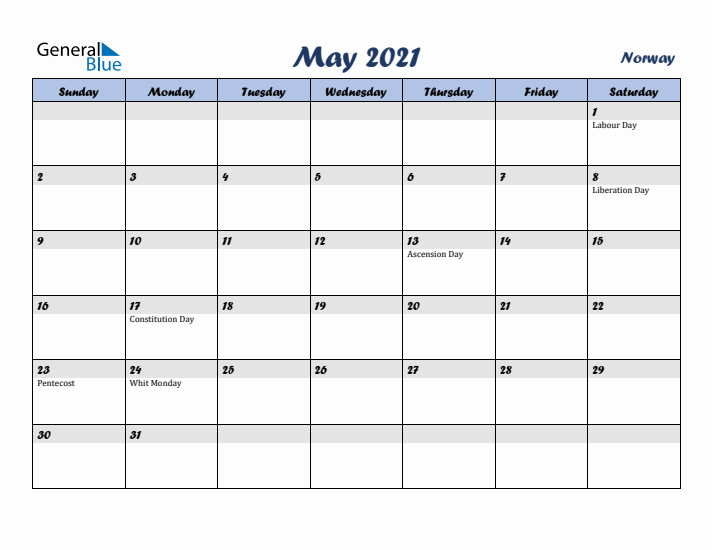 May 2021 Calendar with Holidays in Norway