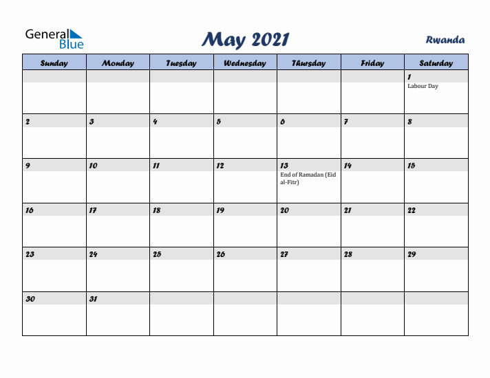 May 2021 Calendar with Holidays in Rwanda