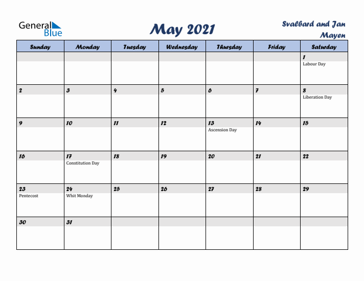 May 2021 Calendar with Holidays in Svalbard and Jan Mayen