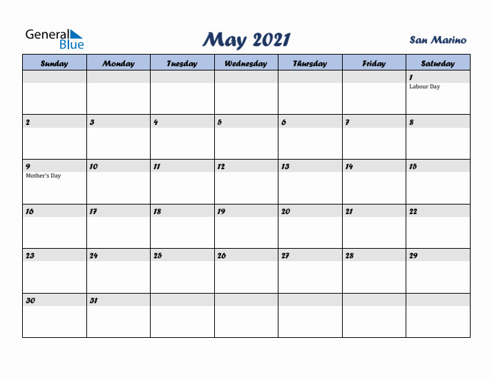 May 2021 Calendar with Holidays in San Marino