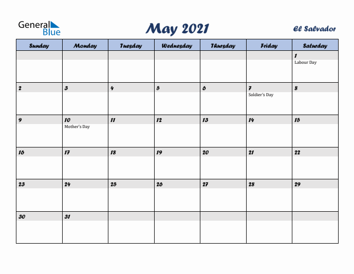 May 2021 Calendar with Holidays in El Salvador