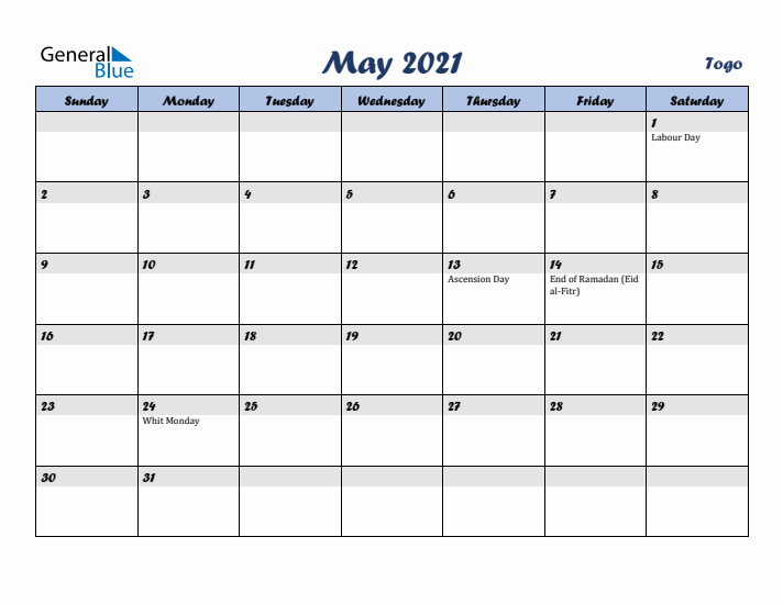 May 2021 Calendar with Holidays in Togo