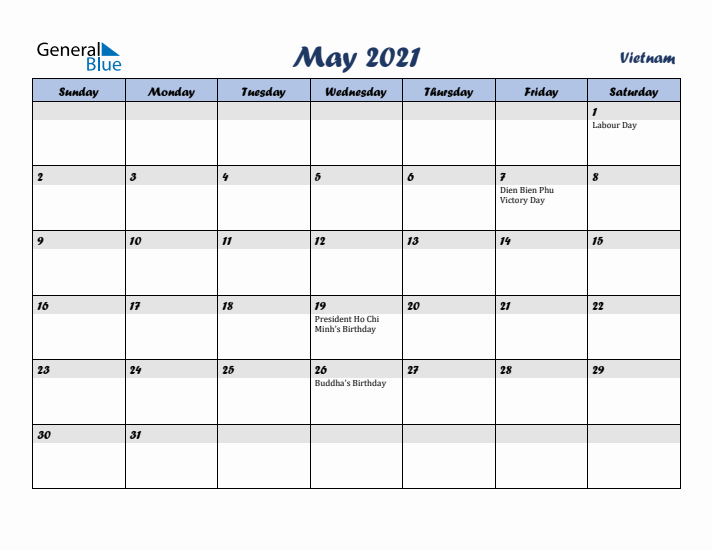 May 2021 Calendar with Holidays in Vietnam