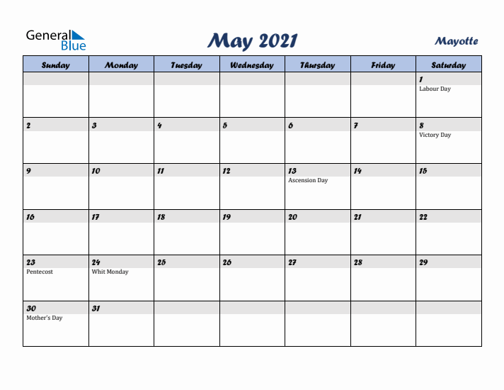 May 2021 Calendar with Holidays in Mayotte