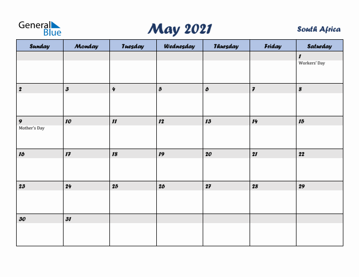 May 2021 Calendar with Holidays in South Africa