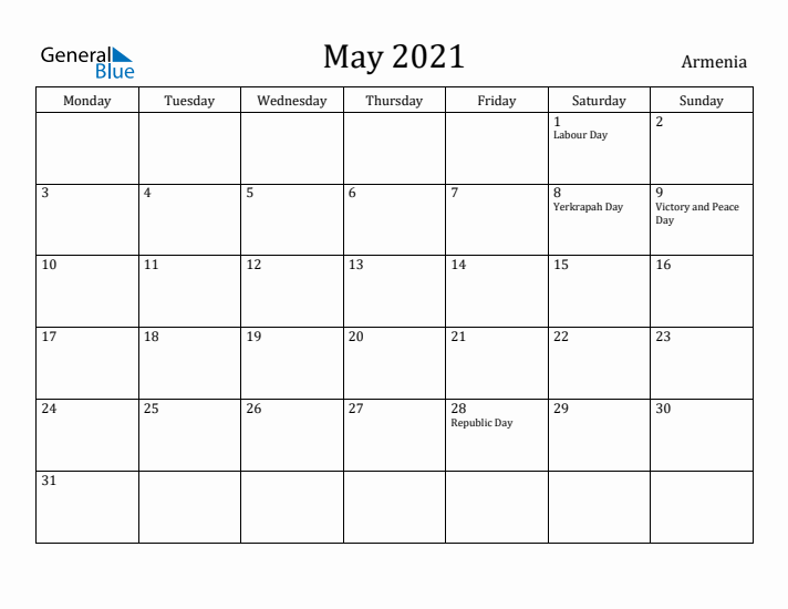 May 2021 Calendar Armenia