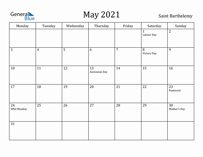 May 2021 Calendar Saint Barthelemy