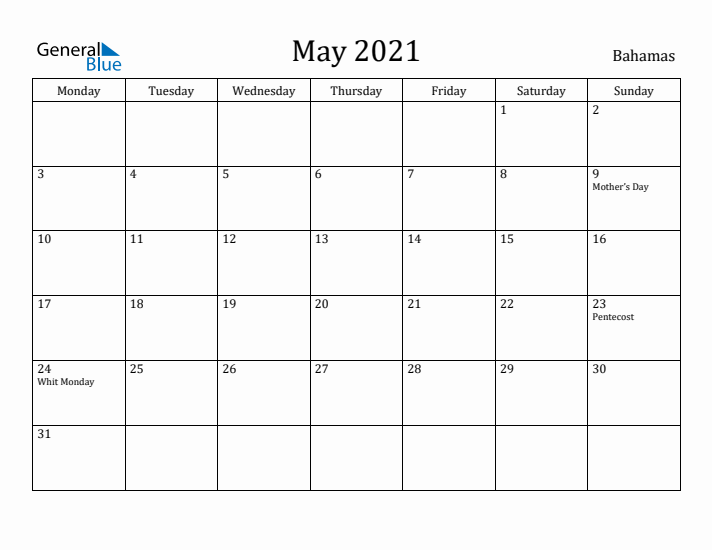 May 2021 Calendar Bahamas