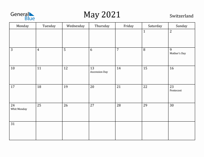 May 2021 Calendar Switzerland