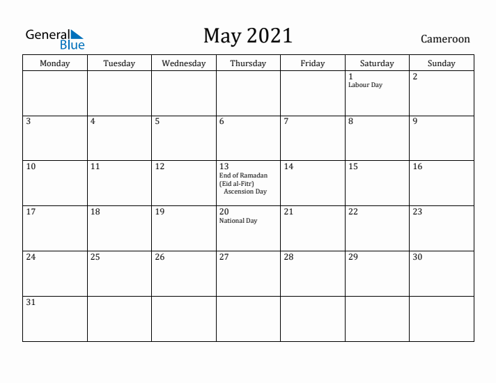 May 2021 Calendar Cameroon