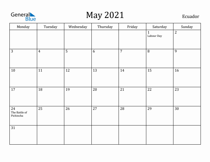 May 2021 Calendar Ecuador