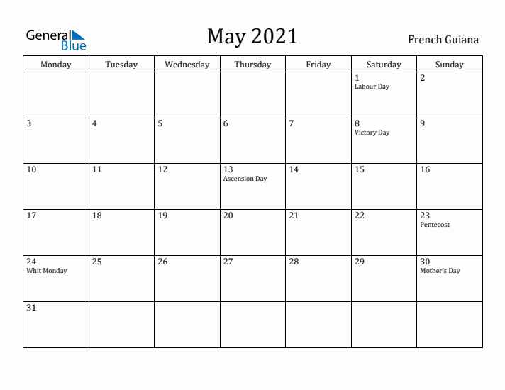 May 2021 Calendar French Guiana