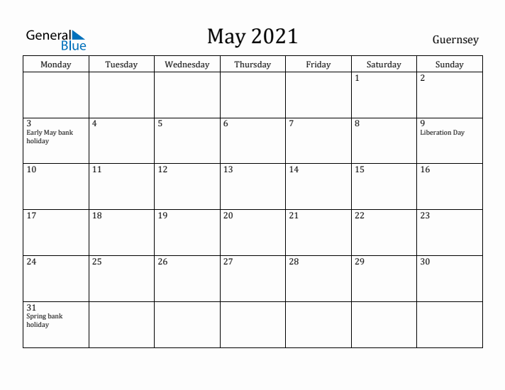 May 2021 Calendar Guernsey