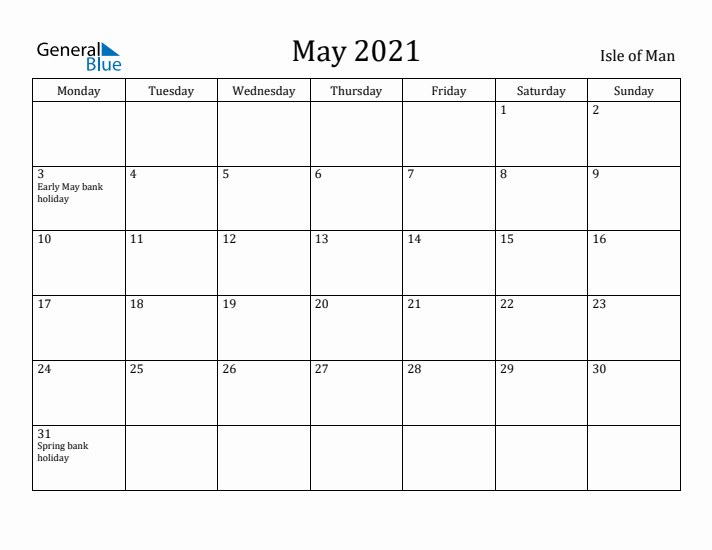 May 2021 Calendar Isle of Man