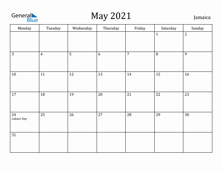 May 2021 Calendar Jamaica