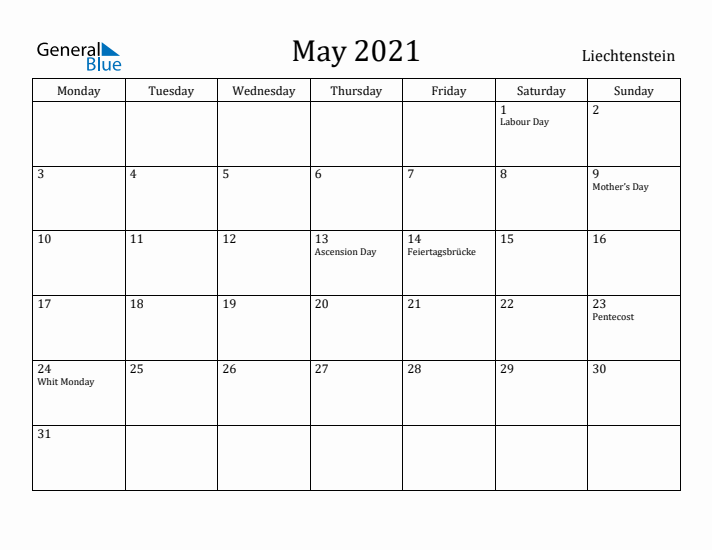 May 2021 Calendar Liechtenstein