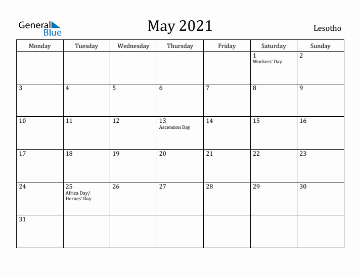 May 2021 Calendar Lesotho