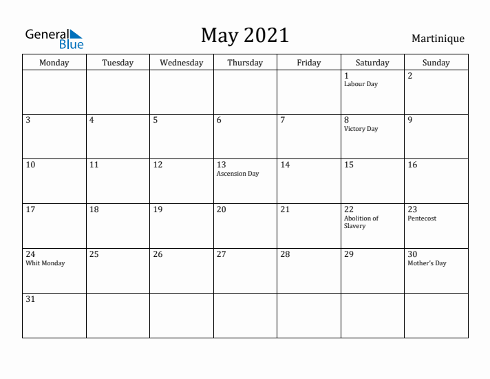 May 2021 Calendar Martinique