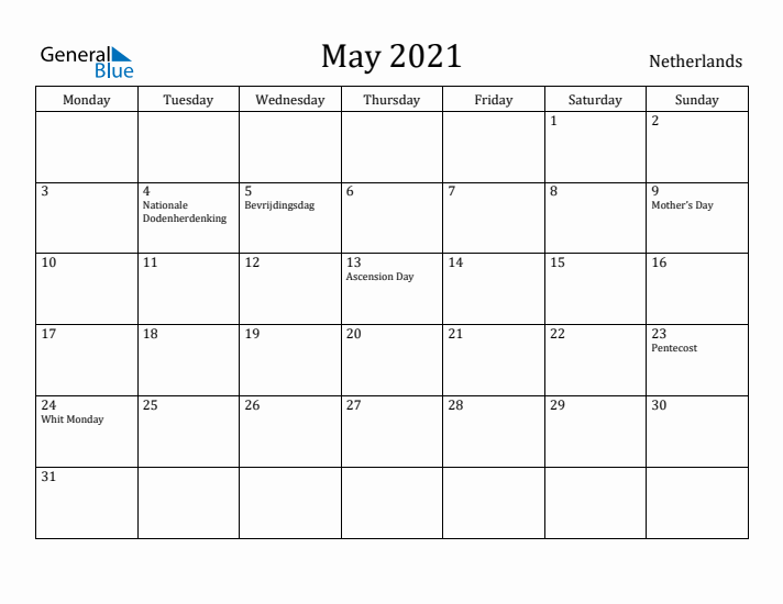 May 2021 Calendar The Netherlands