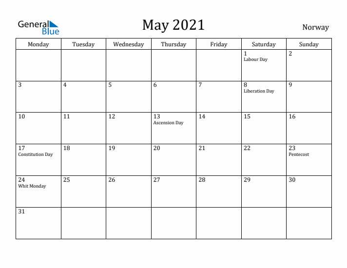 May 2021 Calendar Norway