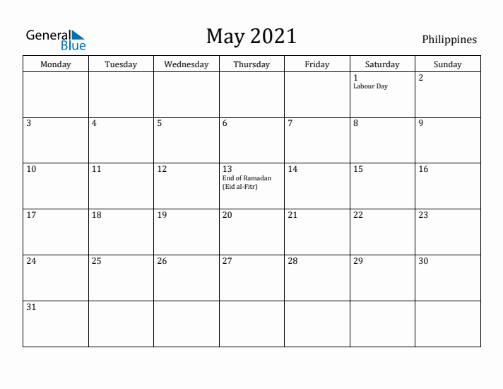 May 2021 Calendar Philippines