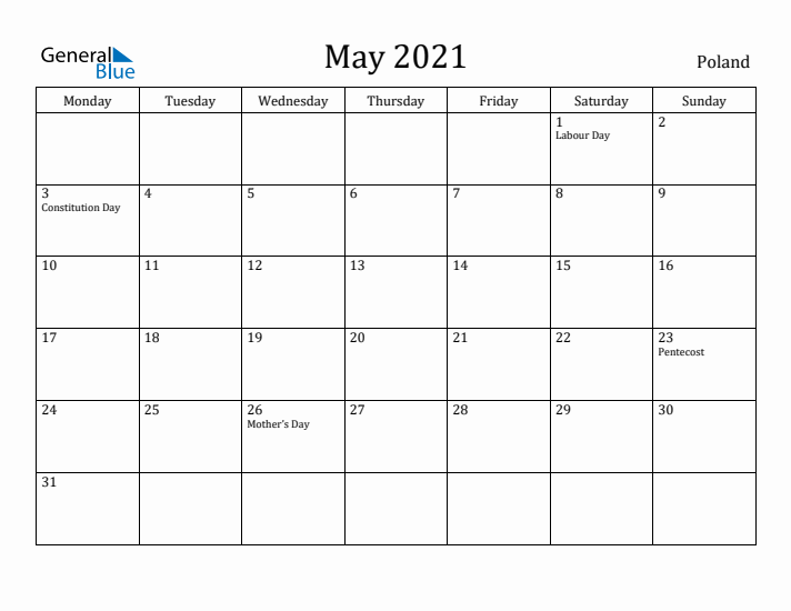 May 2021 Calendar Poland