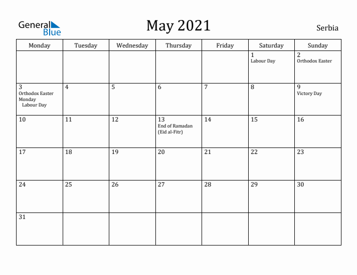 May 2021 Calendar Serbia