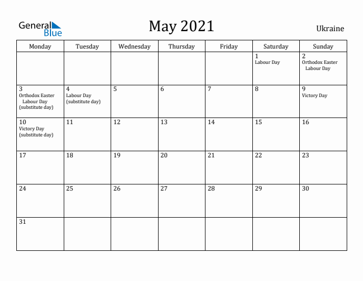 May 2021 Calendar Ukraine