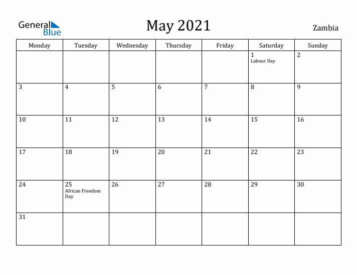 May 2021 Calendar Zambia