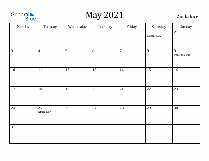 May 2021 Calendar Zimbabwe